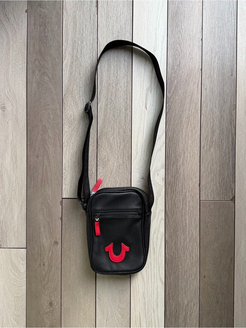True Religion black and red faux leather crossbody bag